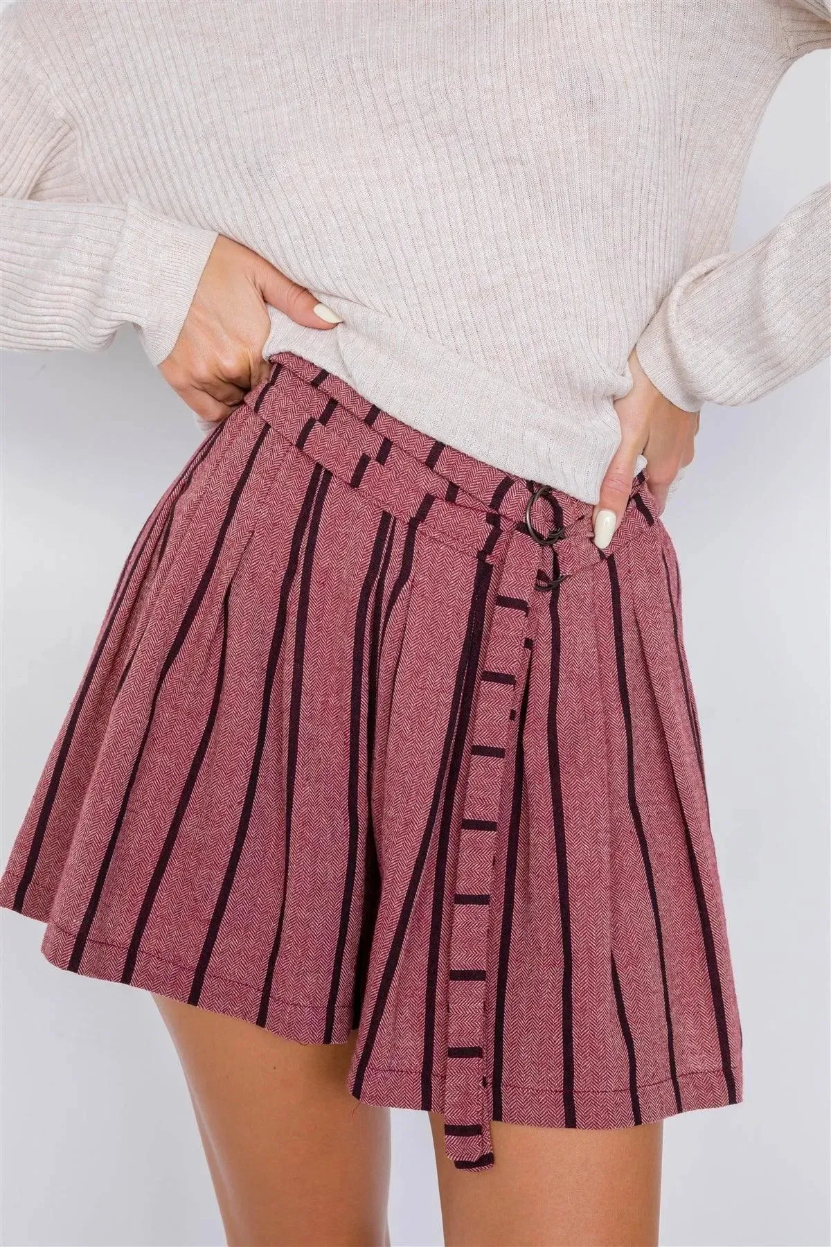 Mauve Plum Purple Stripes Vintage High-Waist Adjustable Waist Tie Shorts /2-2-2