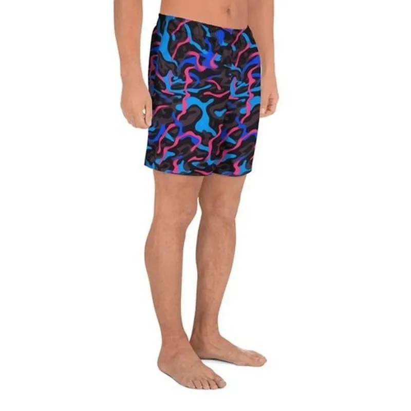 Men's Recycled Camo Neon-Print Athletic Shorts | Black Blue Pink All-Over Print | Trendy Design | Moisture-Wicking | UPF50  Protection