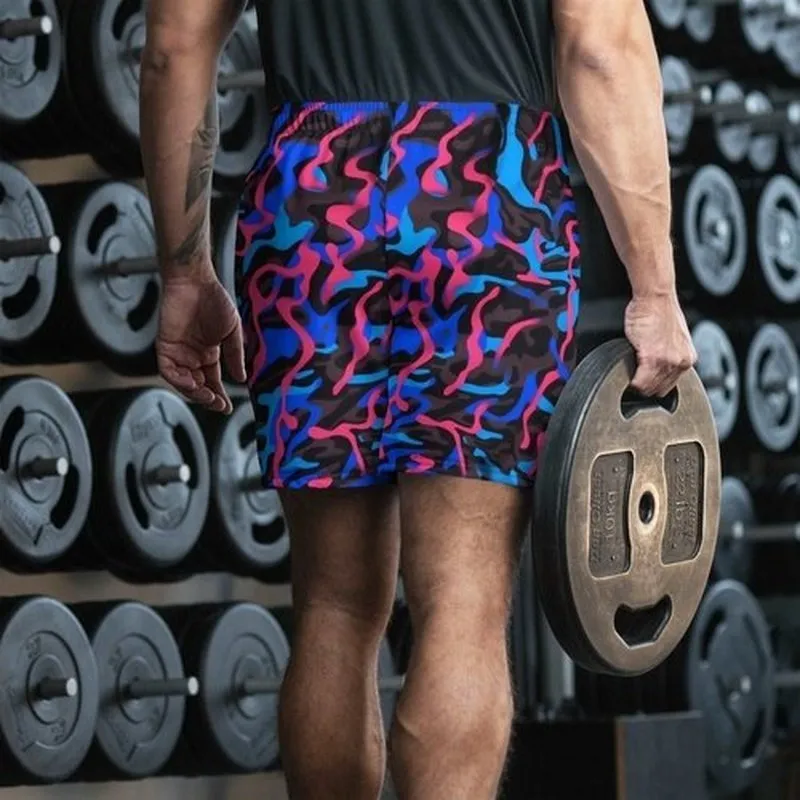 Men's Recycled Camo Neon-Print Athletic Shorts | Black Blue Pink All-Over Print | Trendy Design | Moisture-Wicking | UPF50  Protection