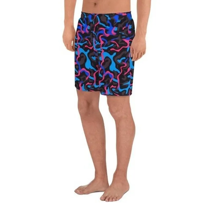 Men's Recycled Camo Neon-Print Athletic Shorts | Black Blue Pink All-Over Print | Trendy Design | Moisture-Wicking | UPF50  Protection