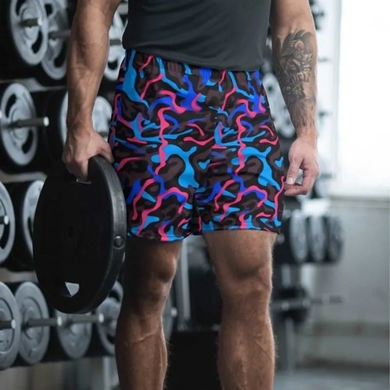 Men's Recycled Camo Neon-Print Athletic Shorts | Black Blue Pink All-Over Print | Trendy Design | Moisture-Wicking | UPF50  Protection