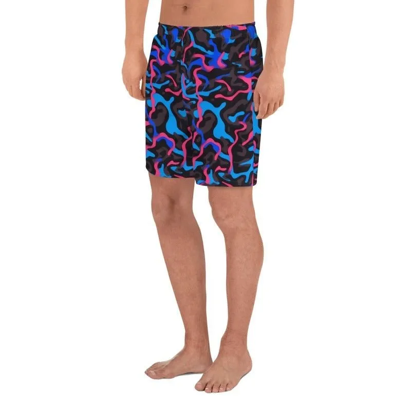 Men's Recycled Camo Neon-Print Athletic Shorts | Black Blue Pink All-Over Print | Trendy Design | Moisture-Wicking | UPF50  Protection