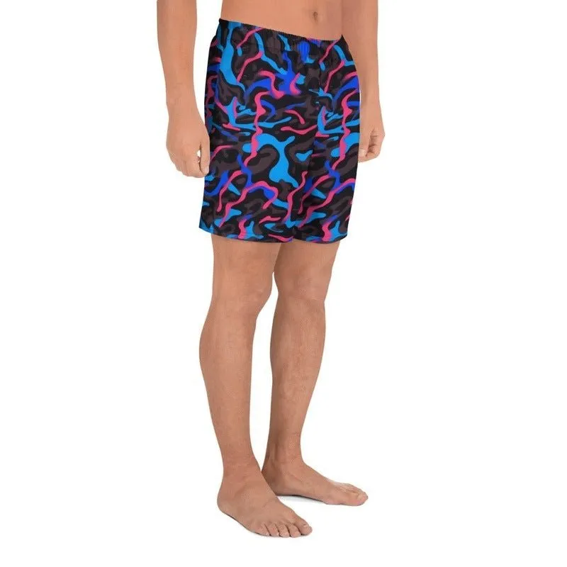 Men's Recycled Camo Neon-Print Athletic Shorts | Black Blue Pink All-Over Print | Trendy Design | Moisture-Wicking | UPF50  Protection