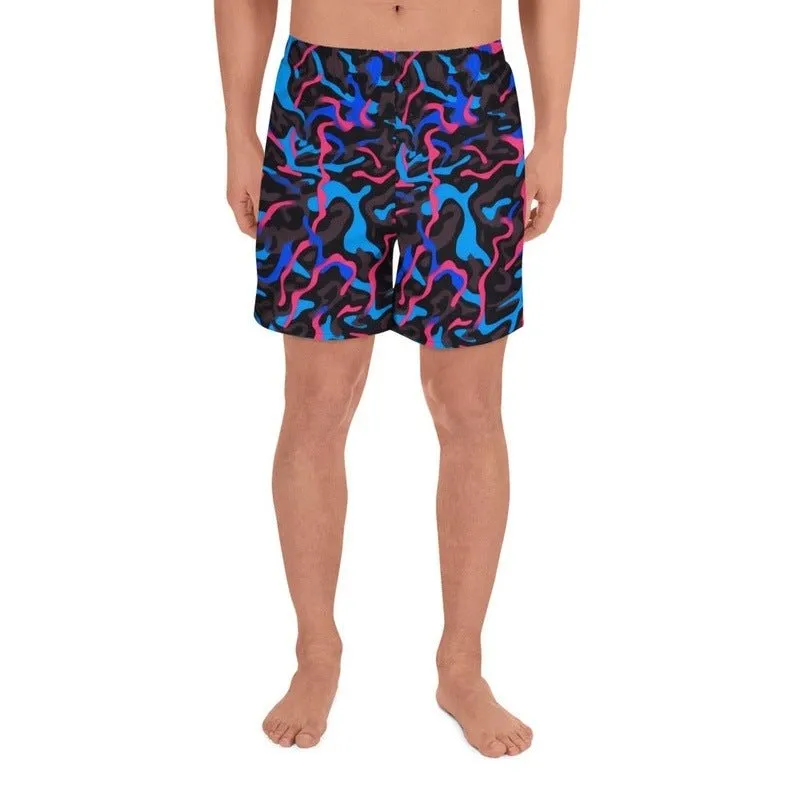 Men's Recycled Camo Neon-Print Athletic Shorts | Black Blue Pink All-Over Print | Trendy Design | Moisture-Wicking | UPF50  Protection