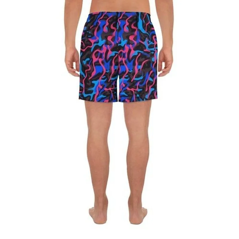 Men's Recycled Camo Neon-Print Athletic Shorts | Black Blue Pink All-Over Print | Trendy Design | Moisture-Wicking | UPF50  Protection