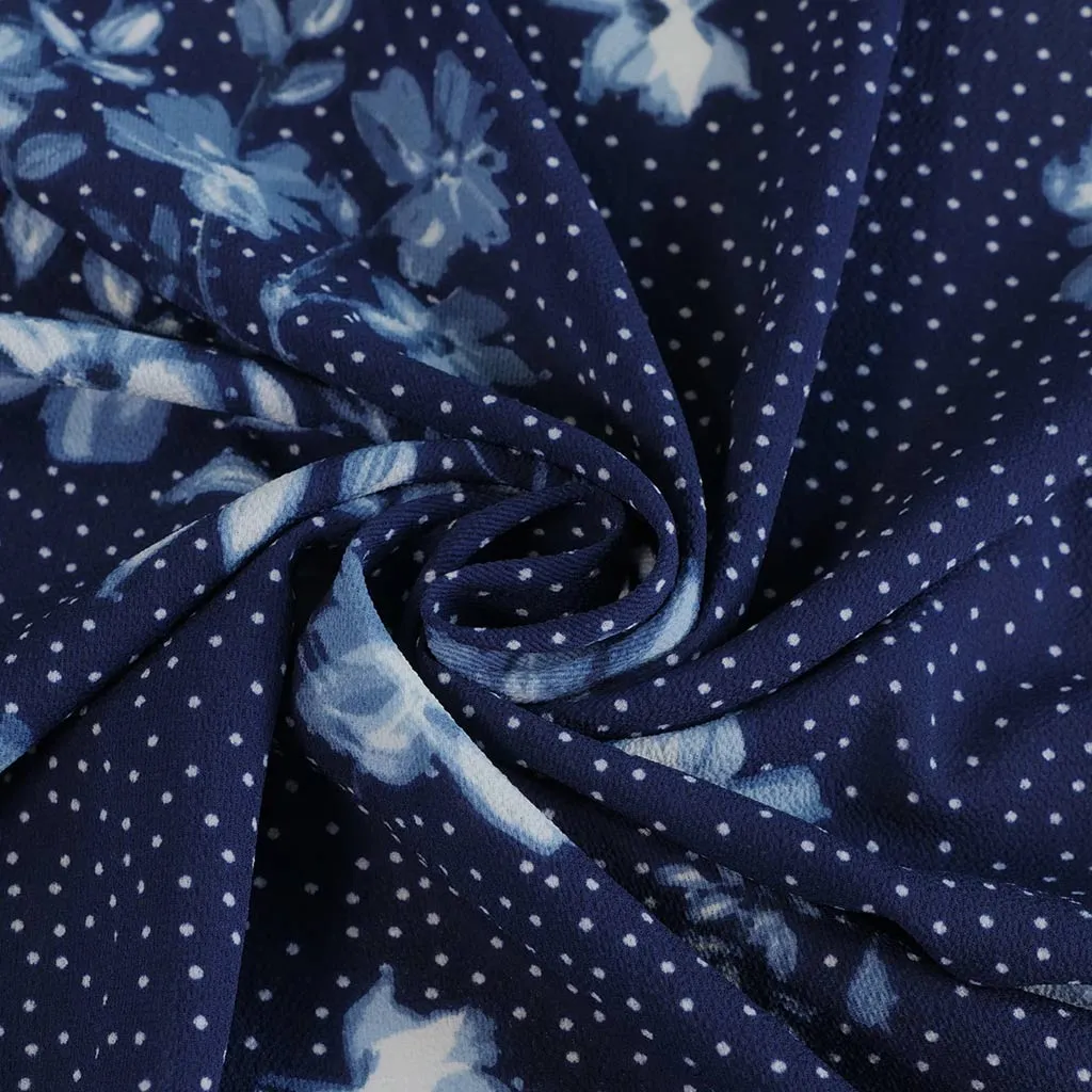 Niva - Blues Flowers and Dots Bubble Crepe Woven Fabric - 2.95m Remnant