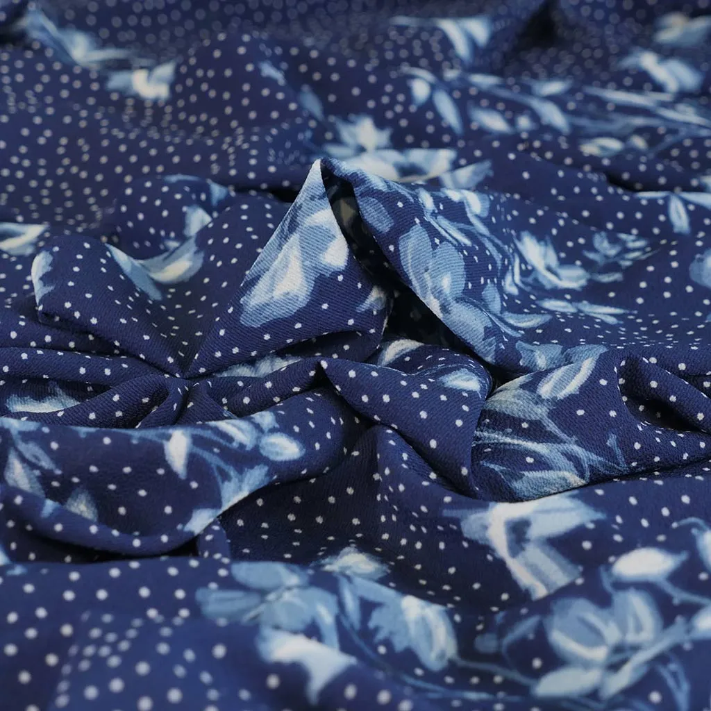 Niva - Blues Flowers and Dots Bubble Crepe Woven Fabric Sample