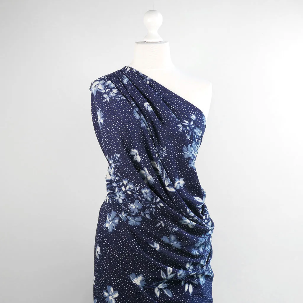Niva - Blues Flowers and Dots Bubble Crepe Woven Fabric Sample
