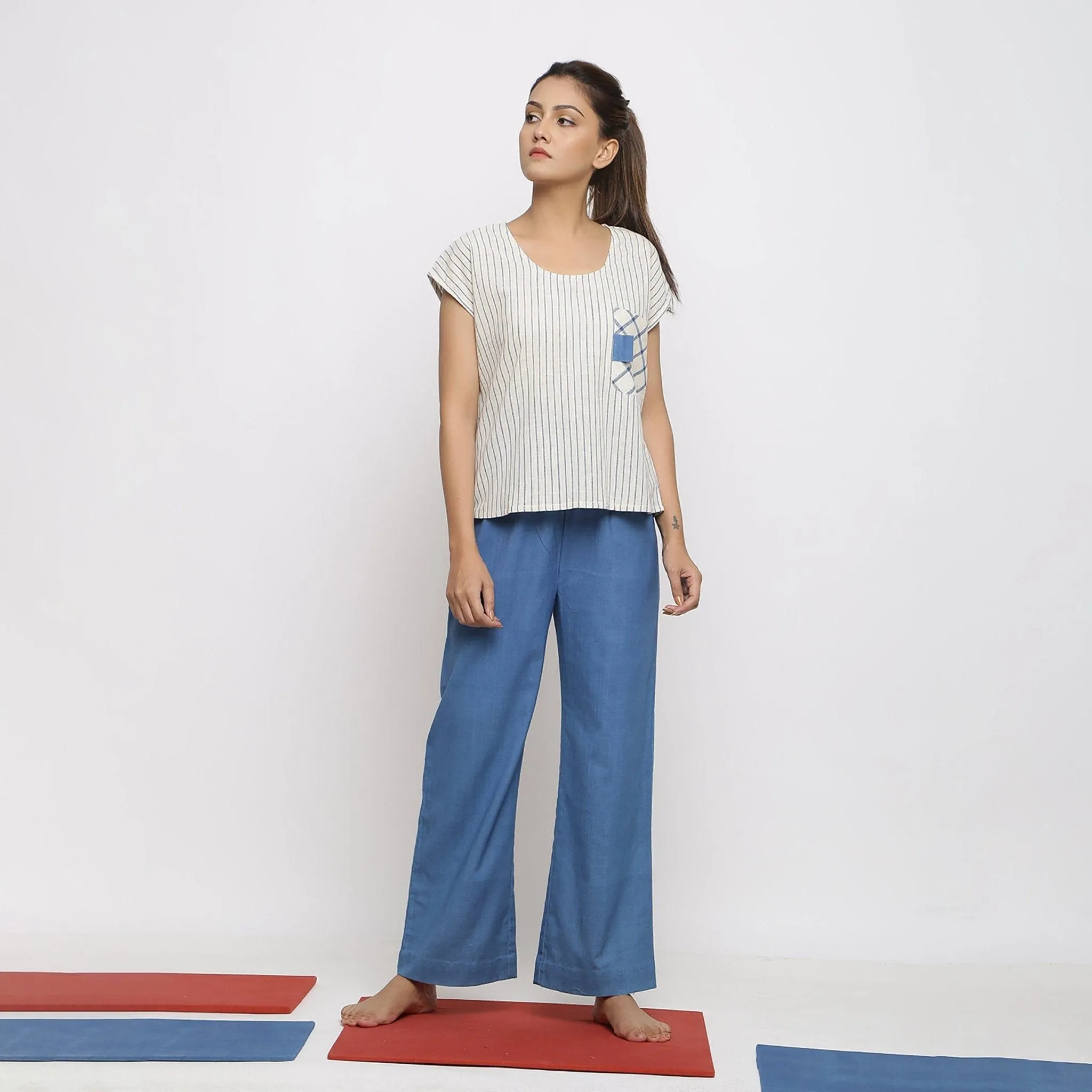 Off-White and Blue Handspun Cotton Pocket Top