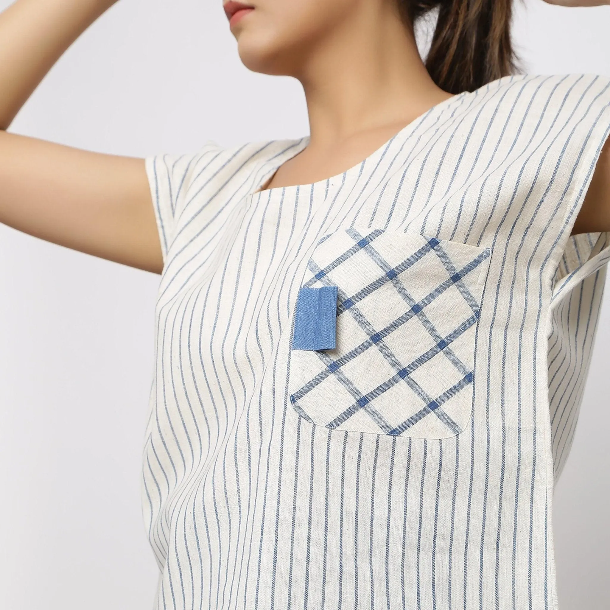 Off-White and Blue Handspun Cotton Pocket Top