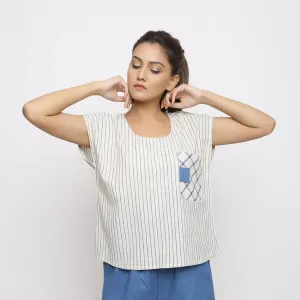 Off-White and Blue Handspun Cotton Pocket Top