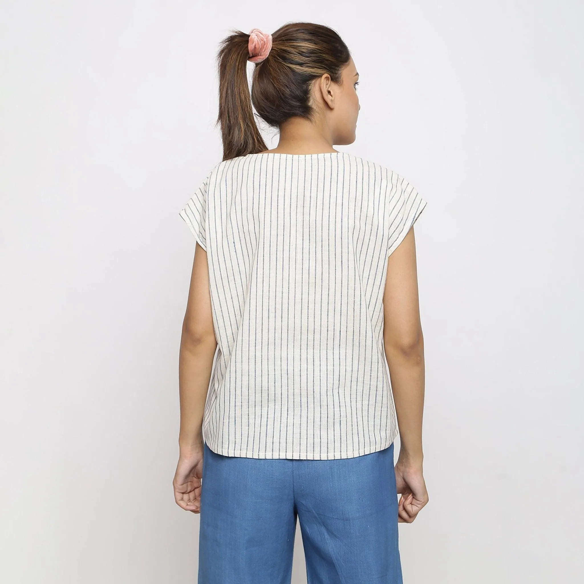 Off-White and Blue Handspun Cotton Pocket Top