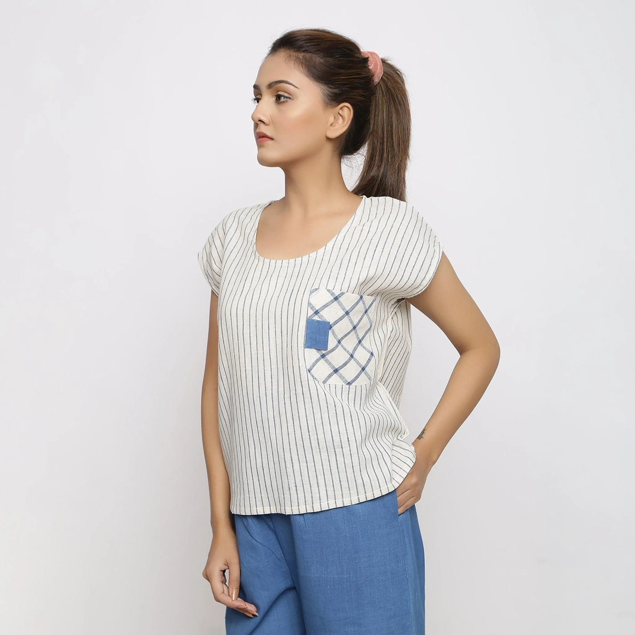 Off-White and Blue Handspun Cotton Pocket Top