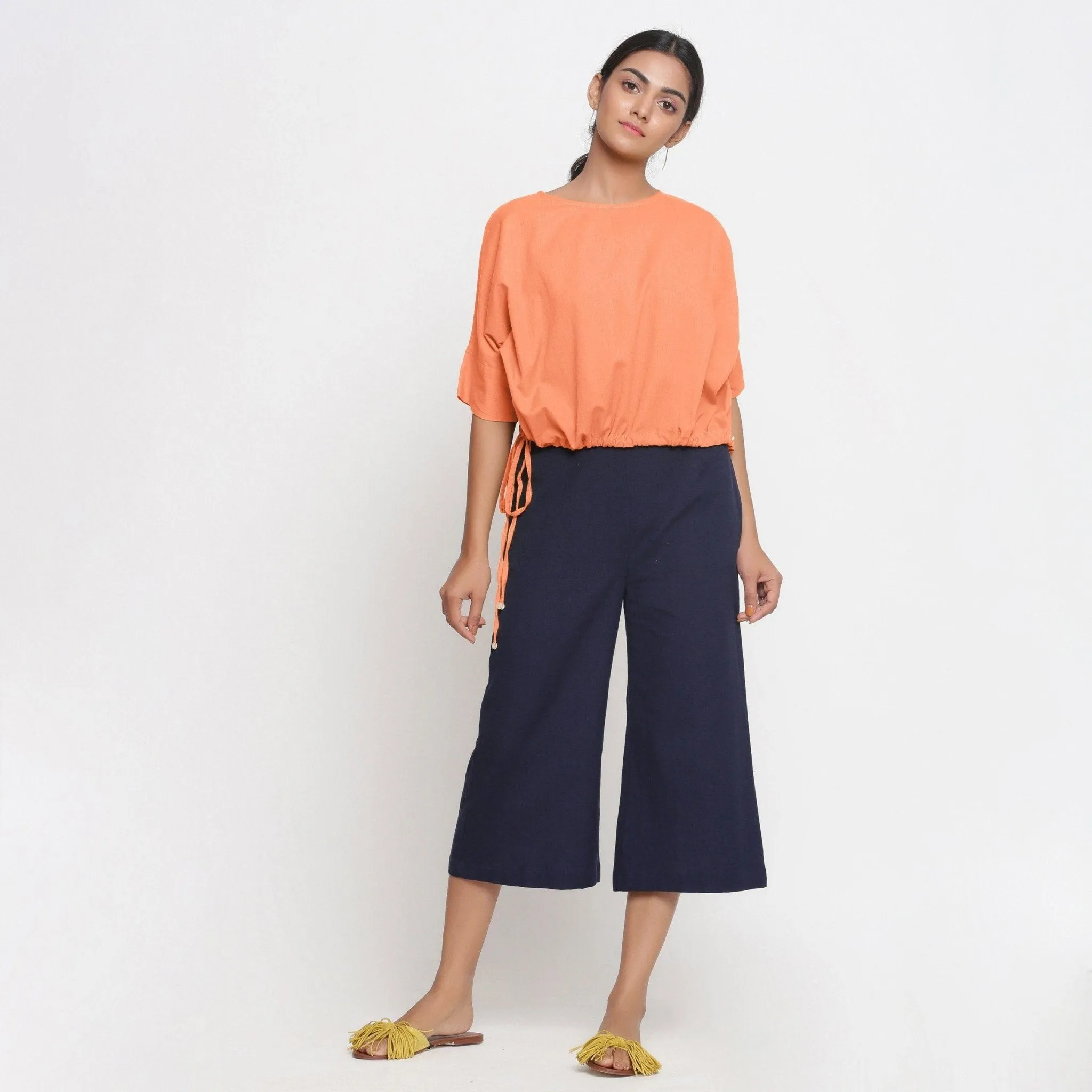 Peach Cotton Flax Round Neck Loose Fit Blouson Top