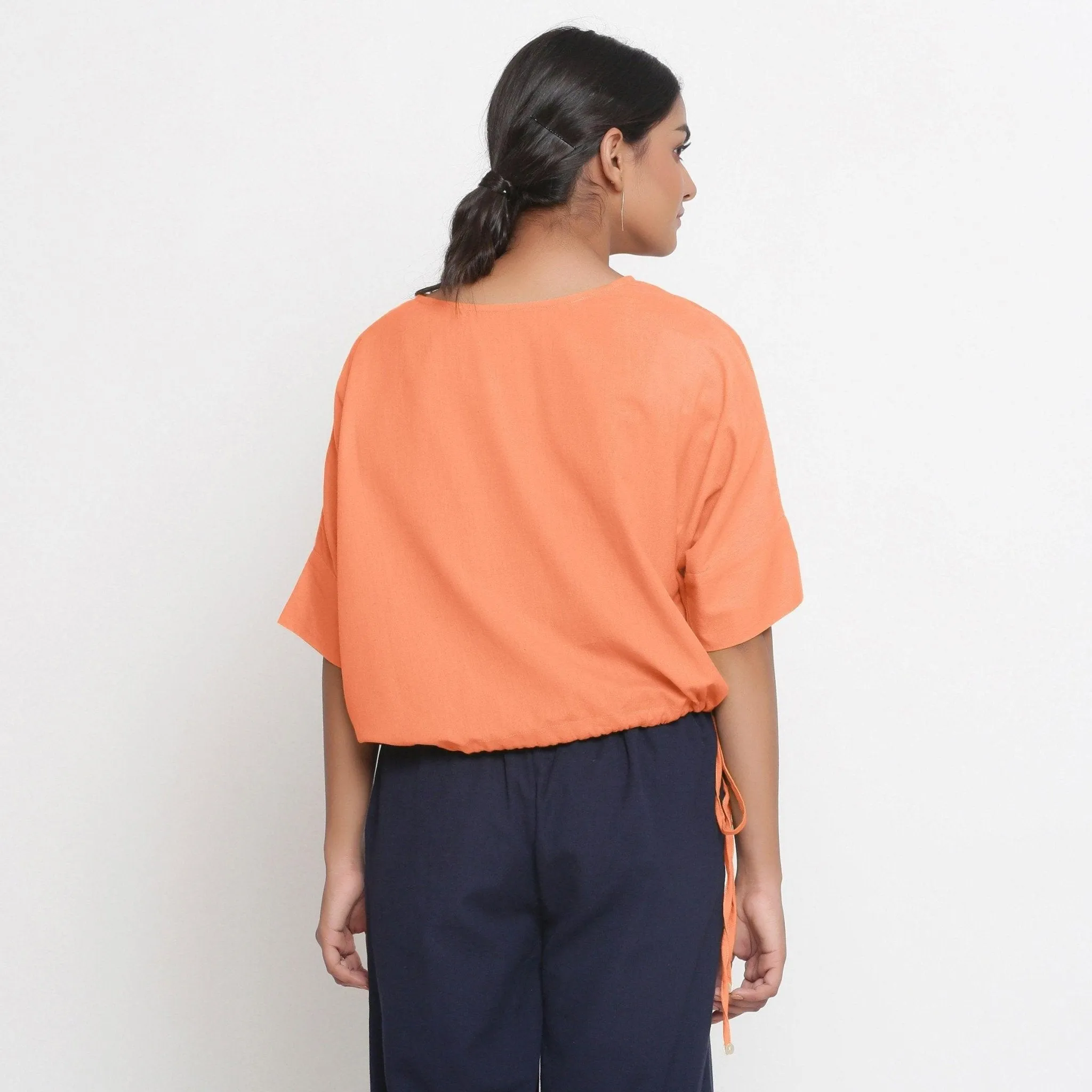 Peach Cotton Flax Round Neck Loose Fit Blouson Top