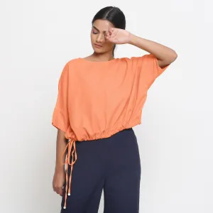 Peach Cotton Flax Round Neck Loose Fit Blouson Top