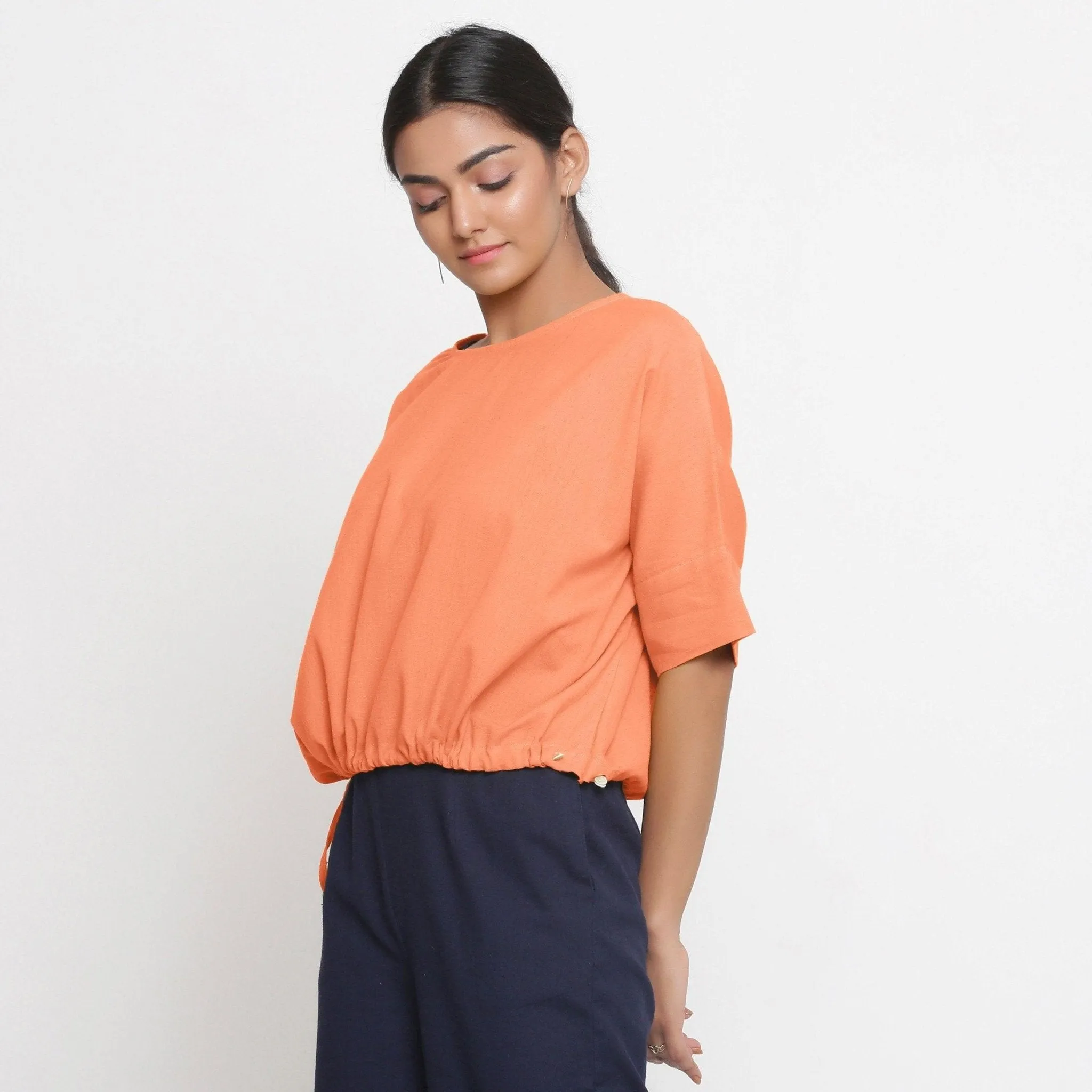 Peach Cotton Flax Round Neck Loose Fit Blouson Top