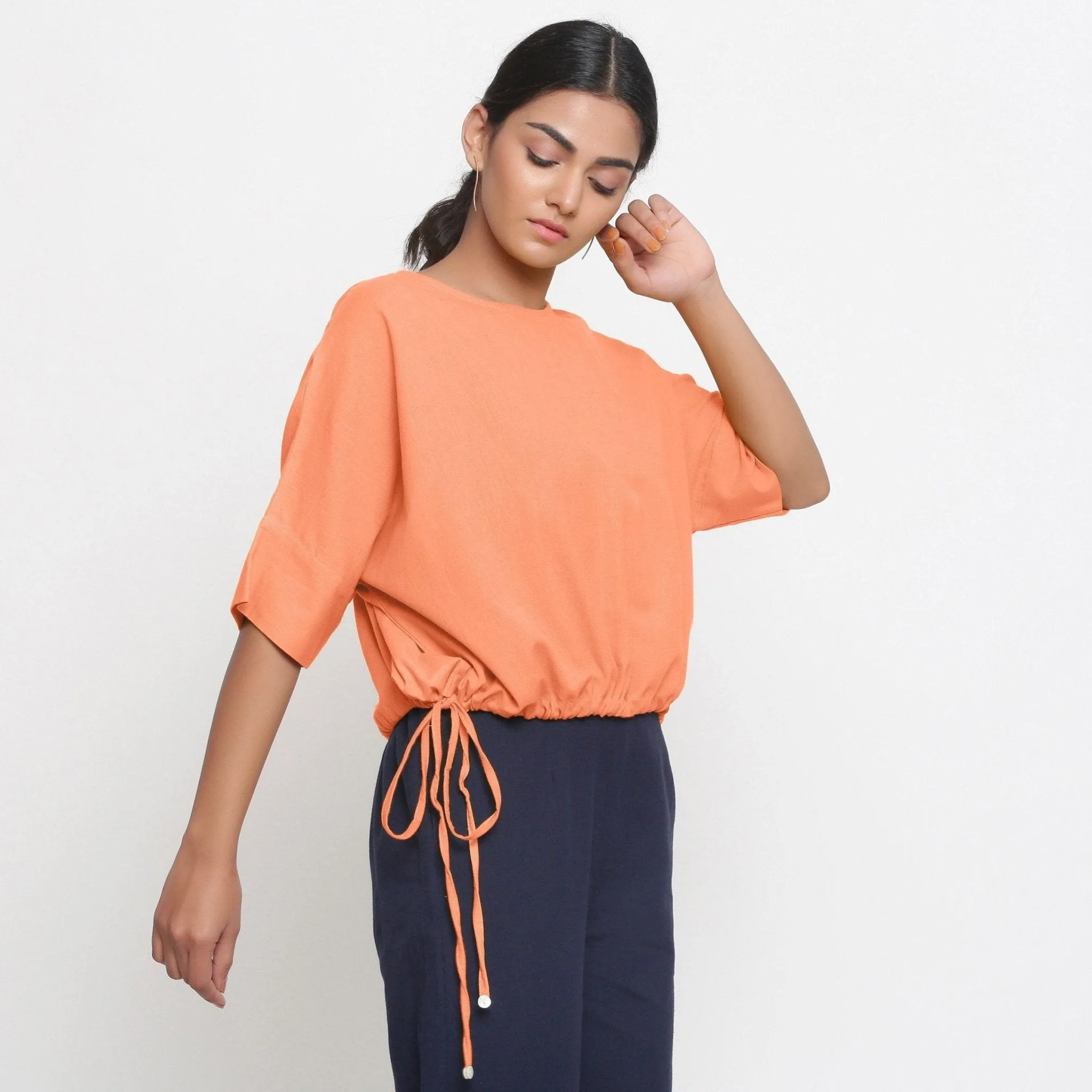 Peach Cotton Flax Round Neck Loose Fit Blouson Top