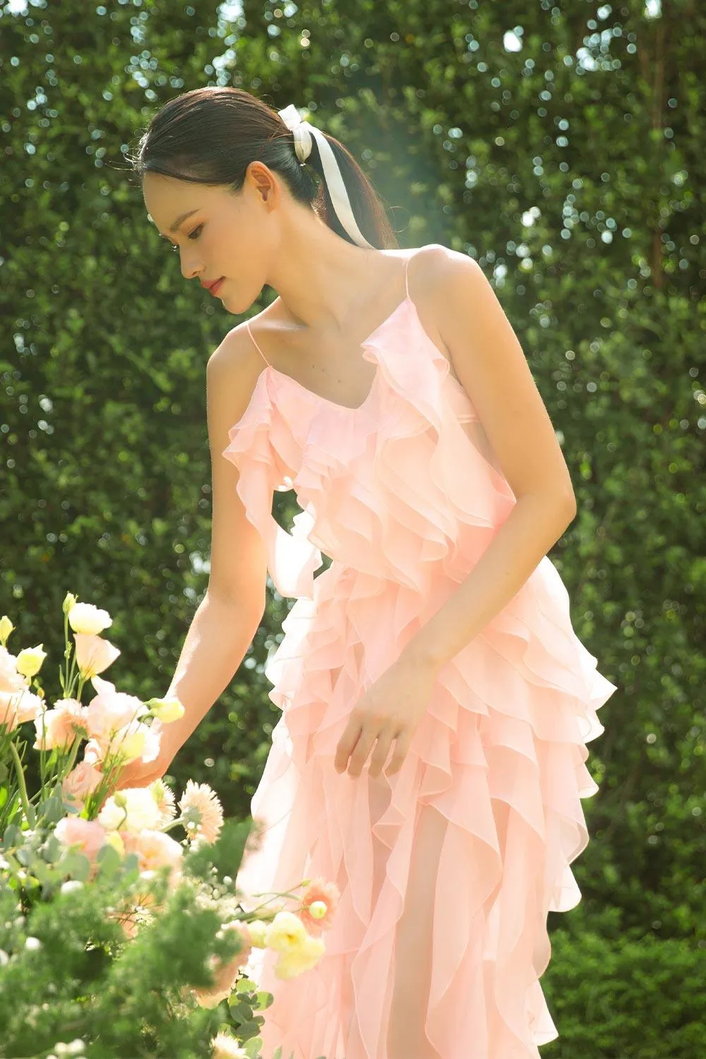 Peony Sheath Sleeveless Organza Voile Floor Length Dress