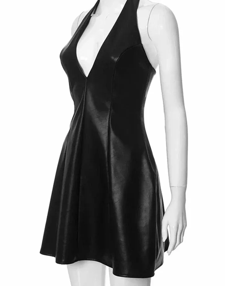 PU Leather Black Halter Graceful Deep Neck Mini Dress