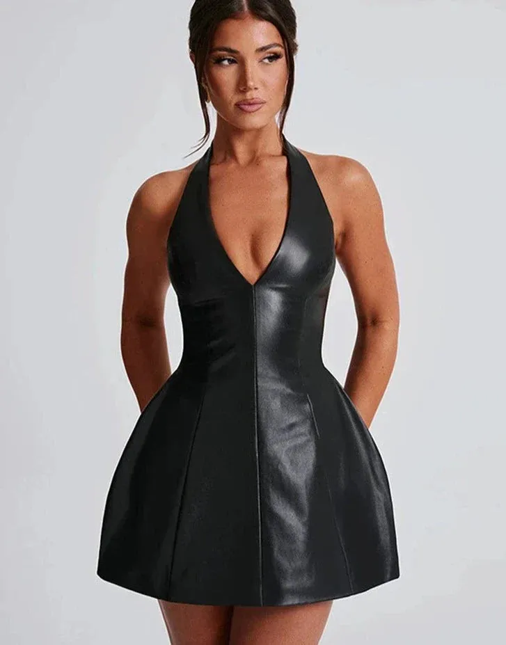PU Leather Black Halter Graceful Deep Neck Mini Dress
