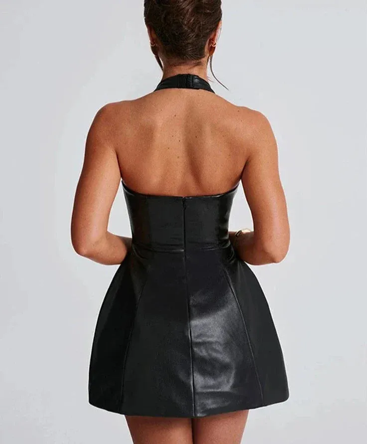 PU Leather Black Halter Graceful Deep Neck Mini Dress