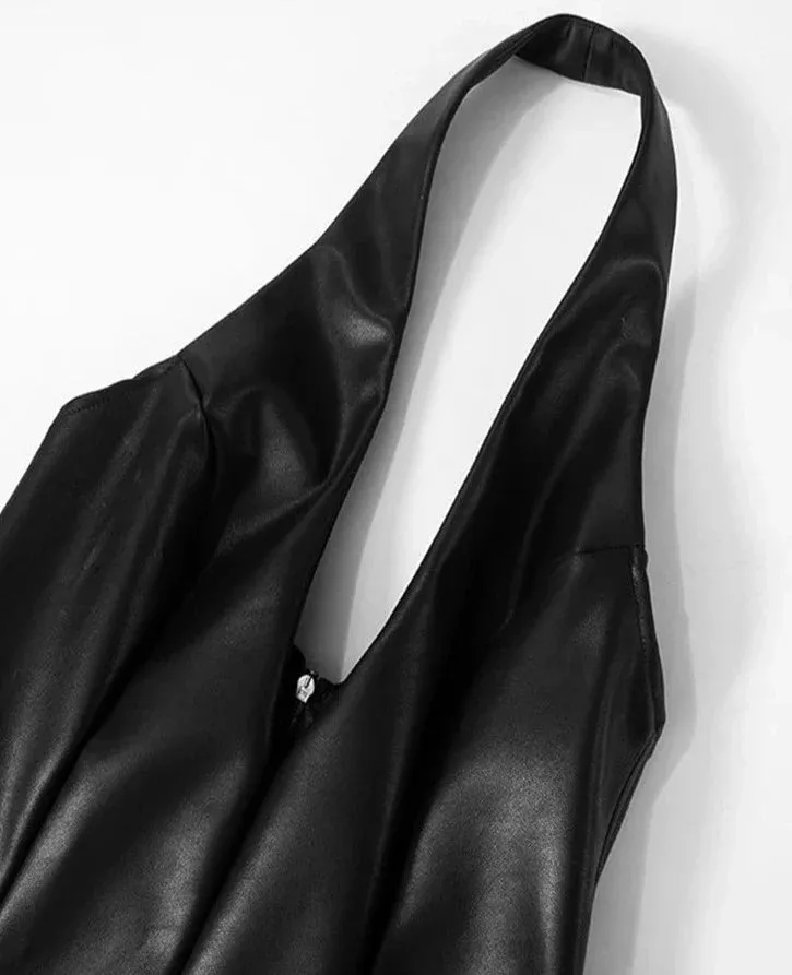 PU Leather Black Halter Graceful Deep Neck Mini Dress
