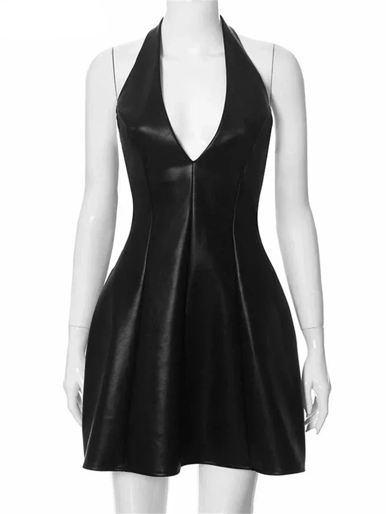PU Leather Black Halter Graceful Deep Neck Mini Dress
