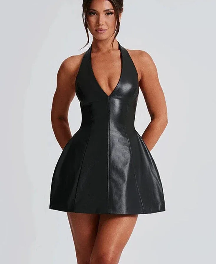 PU Leather Black Halter Graceful Deep Neck Mini Dress