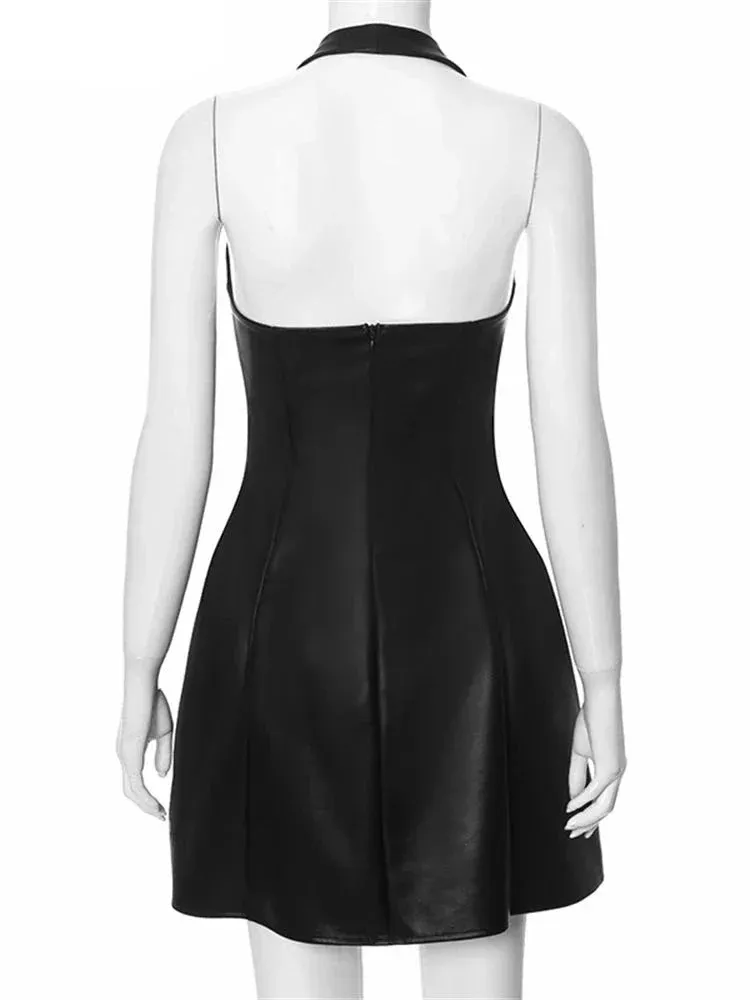 PU Leather Black Halter Graceful Deep Neck Mini Dress