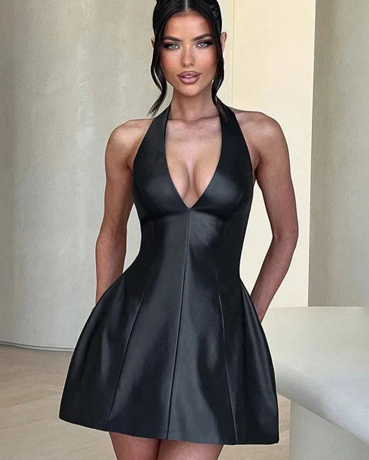 PU Leather Black Halter Graceful Deep Neck Mini Dress