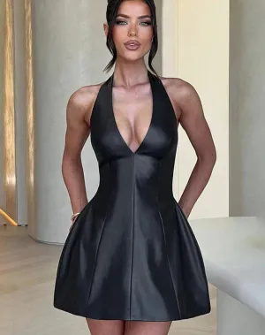PU Leather Black Halter Graceful Deep Neck Mini Dress