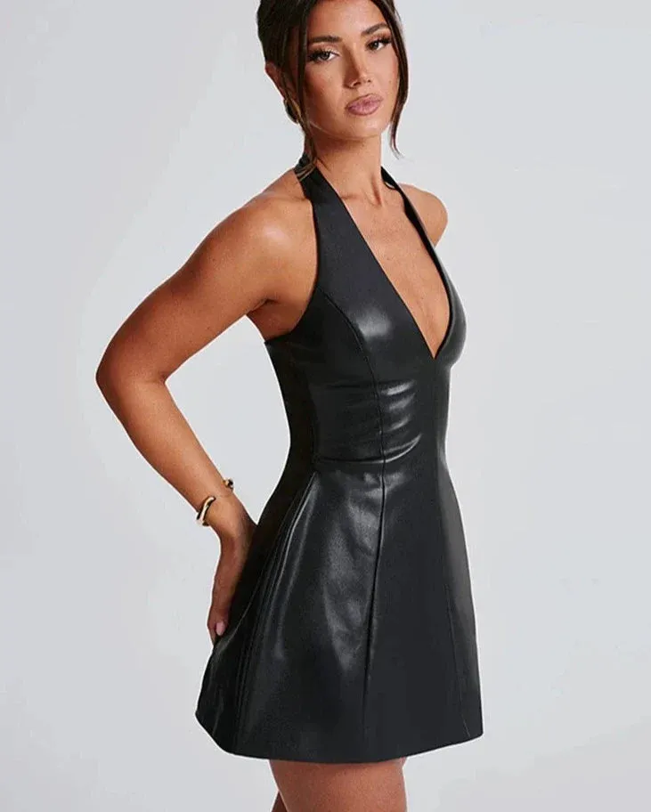 PU Leather Black Halter Graceful Deep Neck Mini Dress