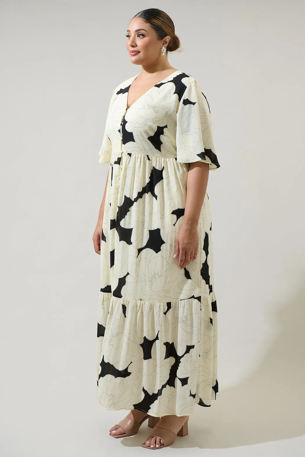 Quinsy Floral Pismo Button Down Flutter Maxi Dress Curve