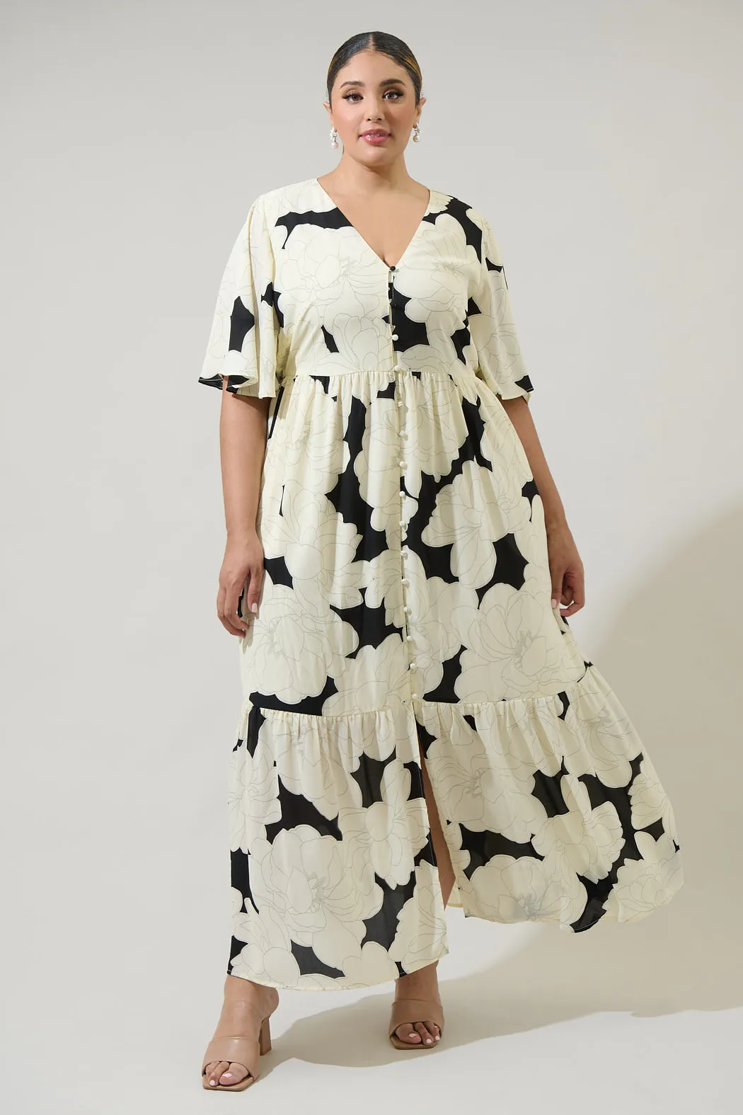 Quinsy Floral Pismo Button Down Flutter Maxi Dress Curve