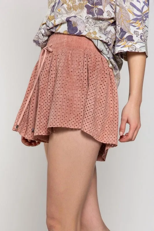 Rose Petal Soft   Supple Vegan Suede Laser Cut Shorts