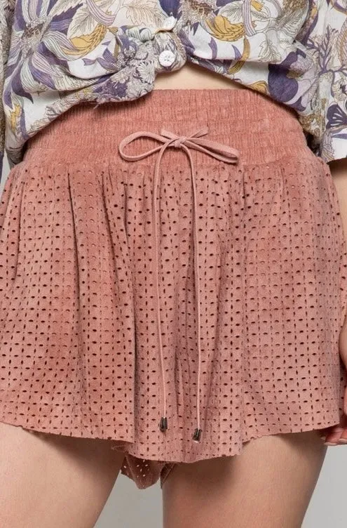 Rose Petal Soft   Supple Vegan Suede Laser Cut Shorts