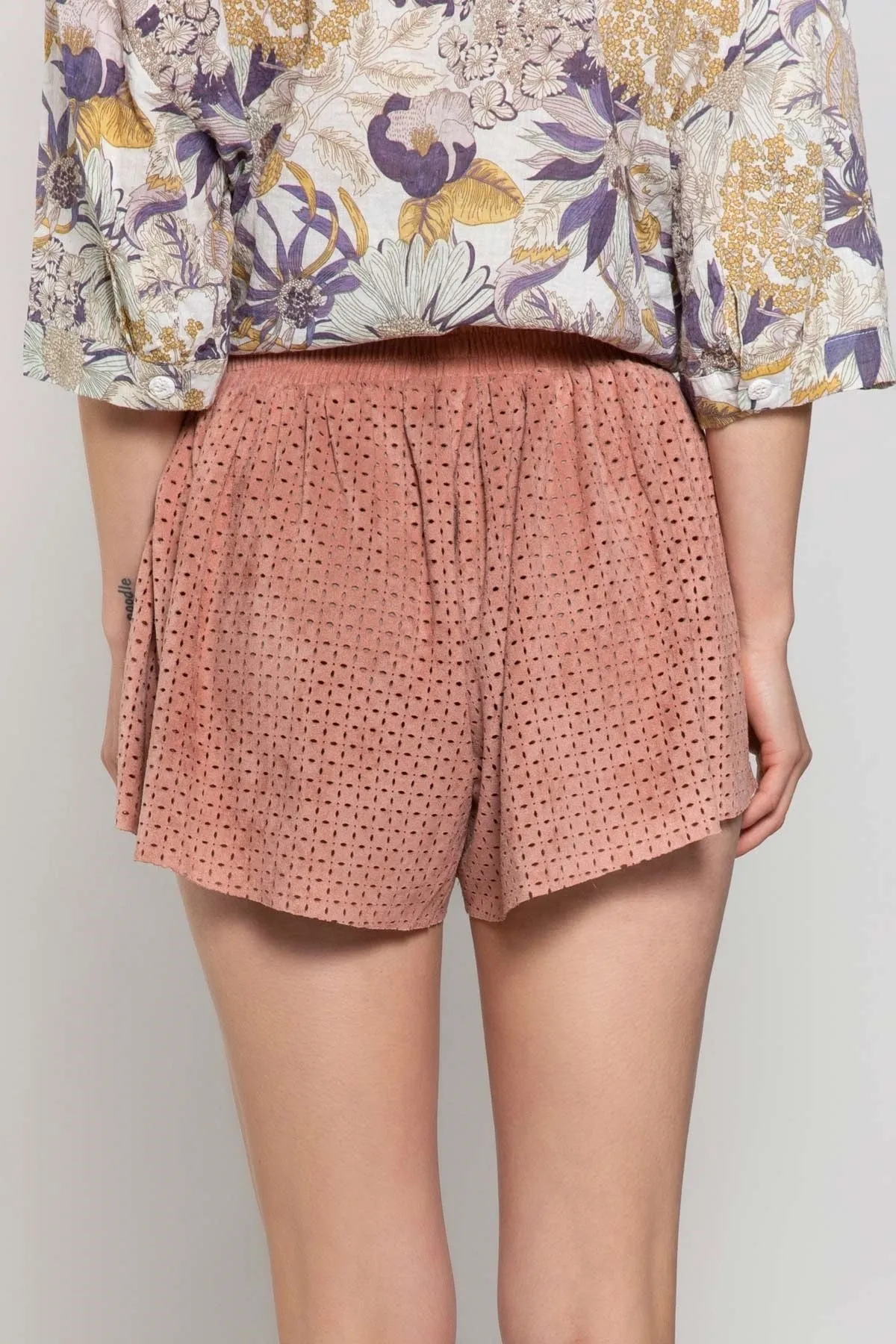 Rose Petal Soft   Supple Vegan Suede Laser Cut Shorts