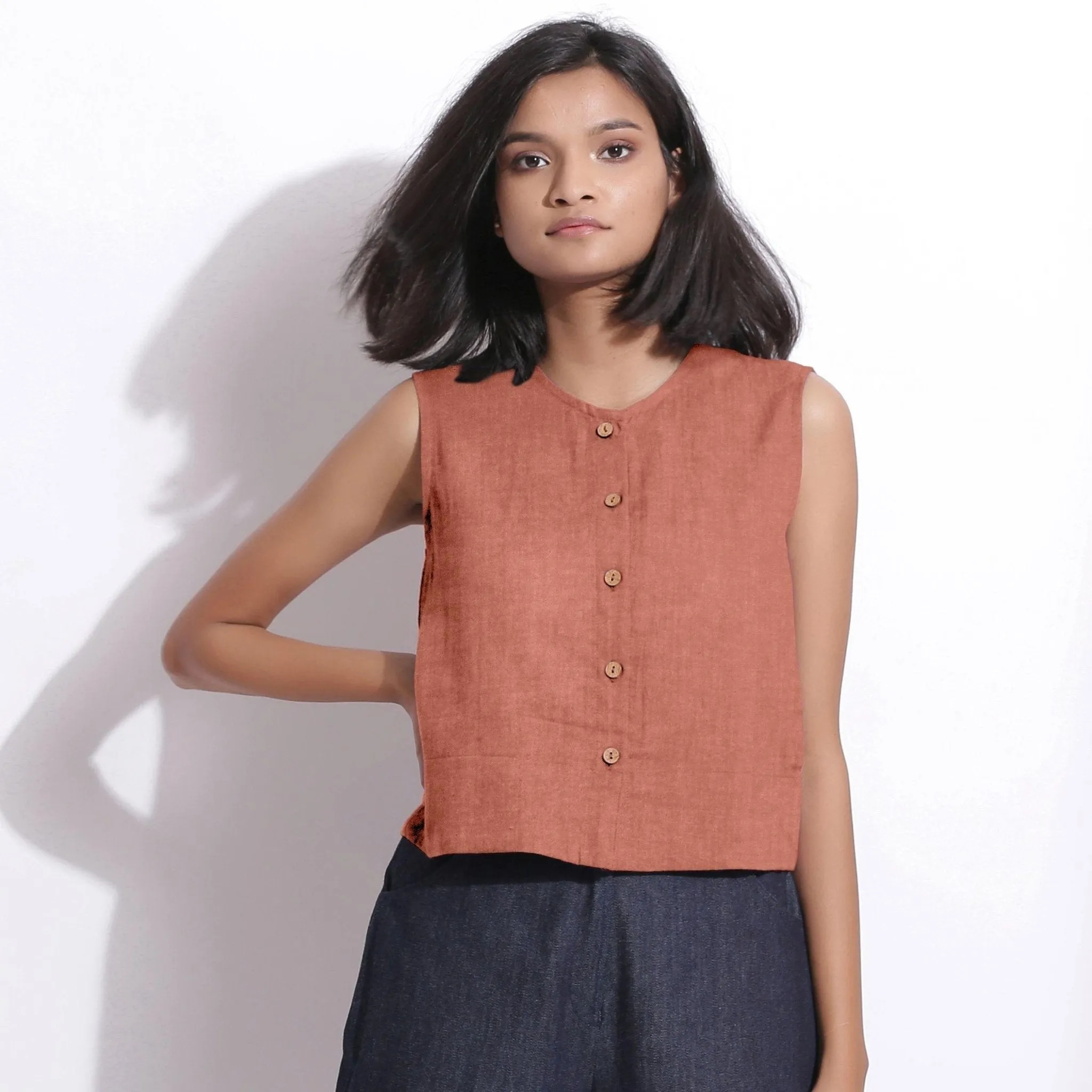 Rust Sandstone 100% Linen Button-Down Short Top