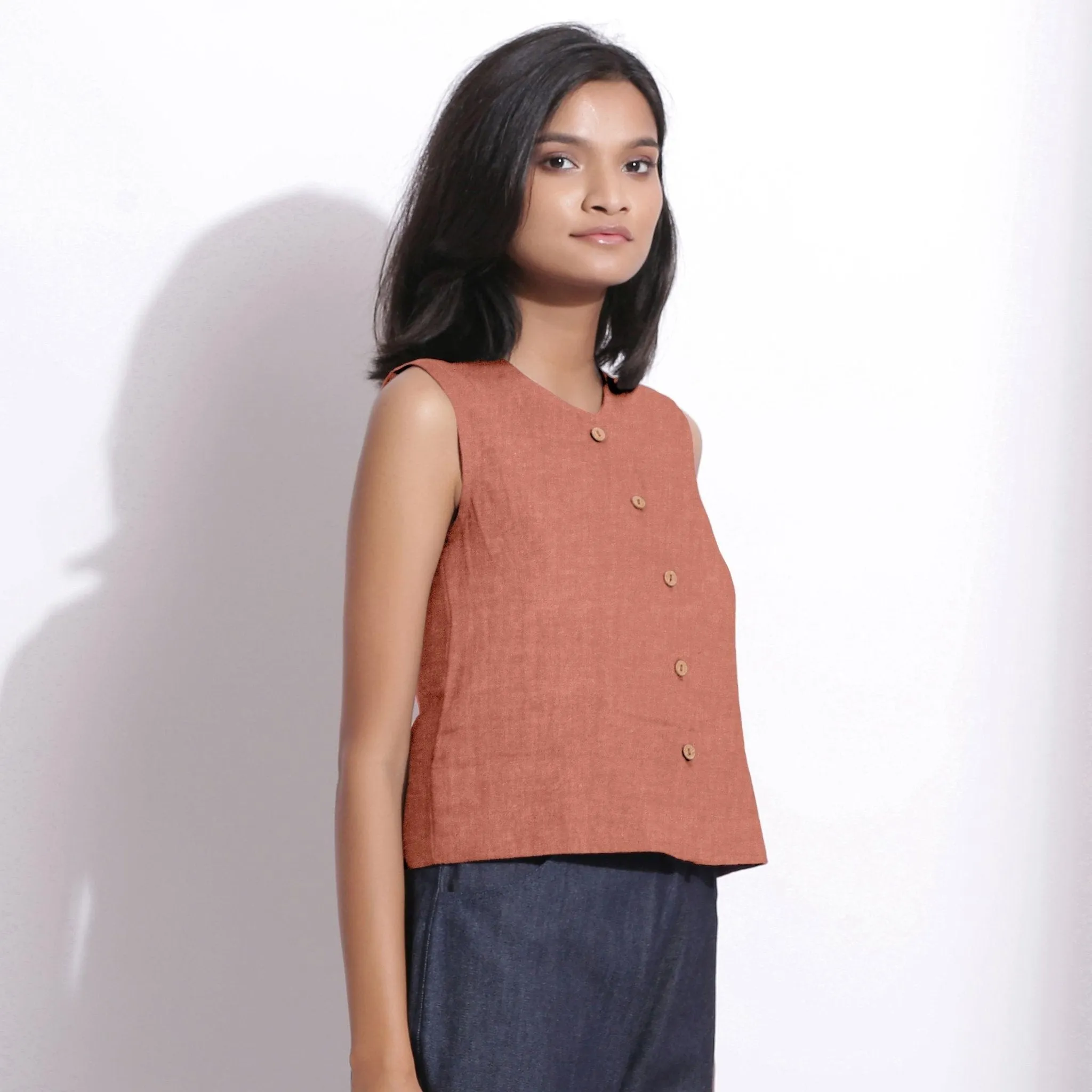 Rust Sandstone 100% Linen Button-Down Short Top