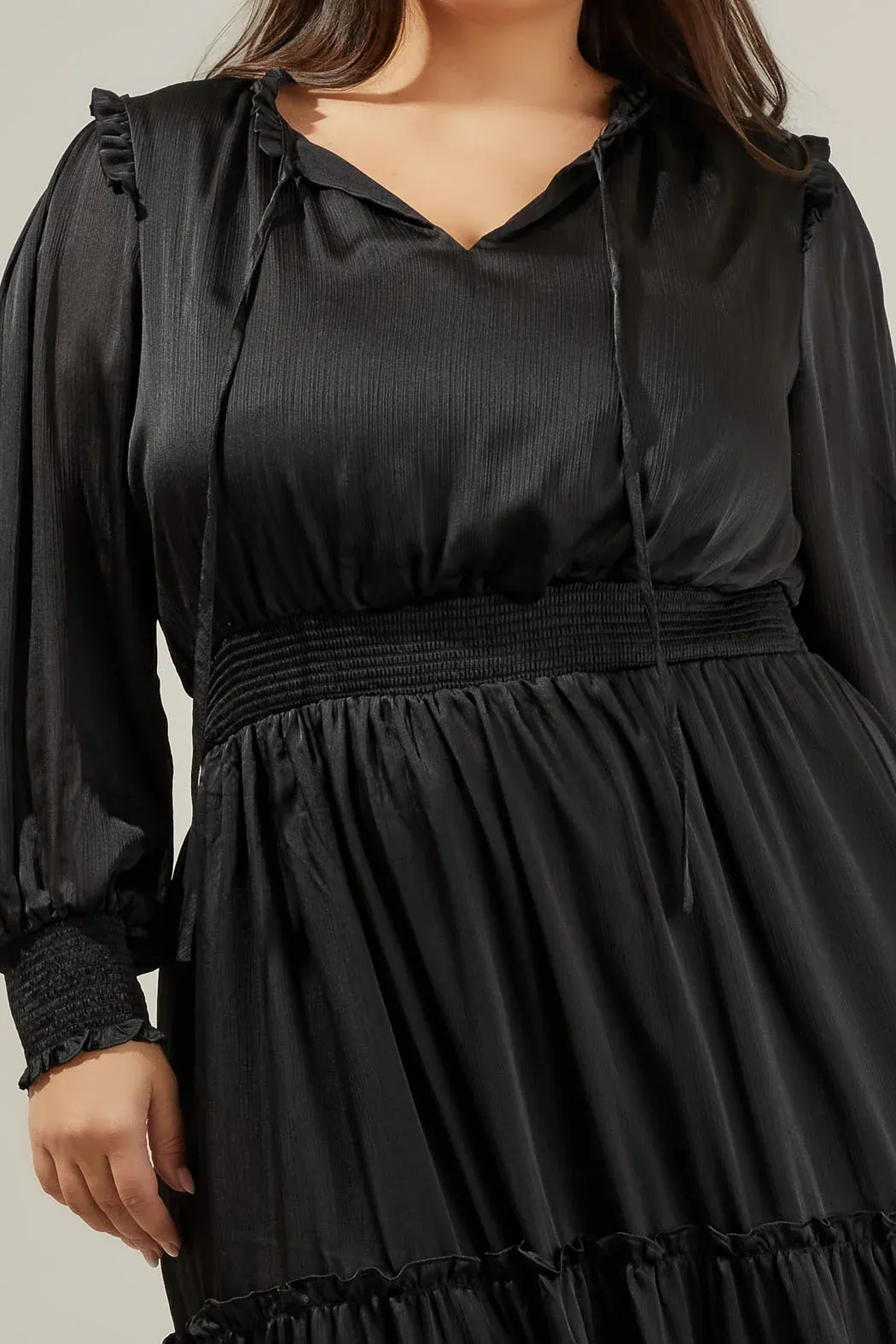 Satin Long Sleeve Tiered Midi/Maxi  in Black