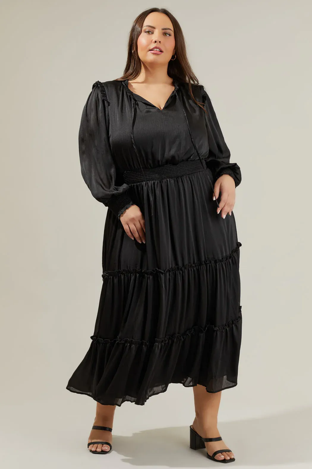 Satin Long Sleeve Tiered Midi/Maxi  in Black