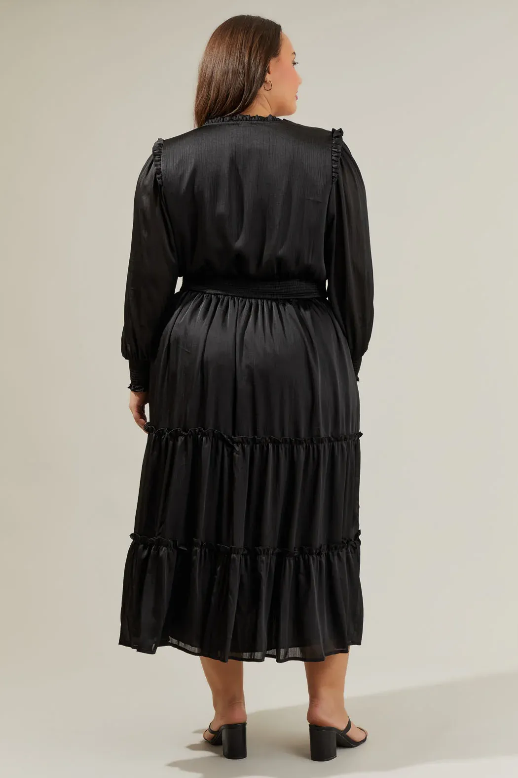 Satin Long Sleeve Tiered Midi/Maxi  in Black