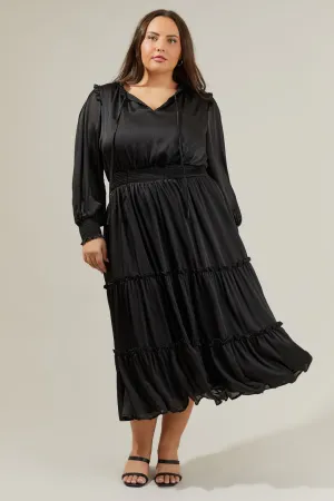 Satin Long Sleeve Tiered Midi/Maxi  in Black