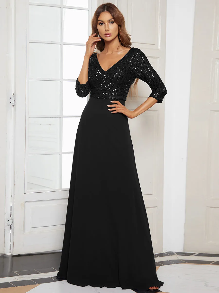 Sexy V Neck A-Line Sequin Wholesale Evening Dresses With 3/4 Sleeve