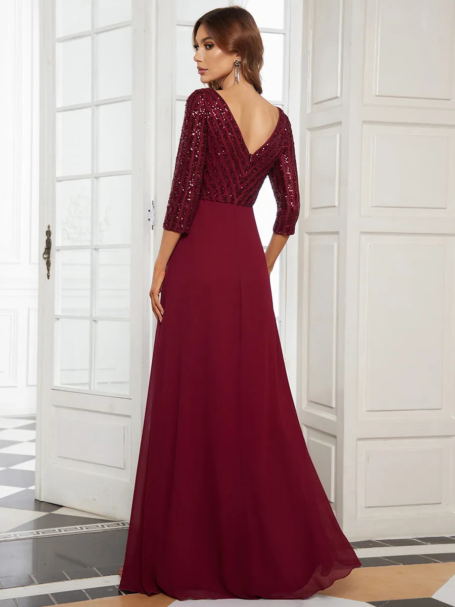 Sexy V Neck A-Line Sequin Wholesale Evening Dresses With 3/4 Sleeve