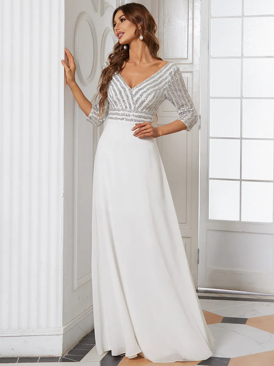 Sexy V Neck A-Line Sequin Wholesale Evening Dresses With 3/4 Sleeve
