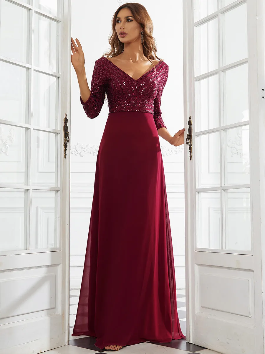 Sexy V Neck A-Line Sequin Wholesale Evening Dresses With 3/4 Sleeve