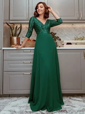 Sexy V Neck A-Line Sequin Wholesale Evening Dresses With 3/4 Sleeve