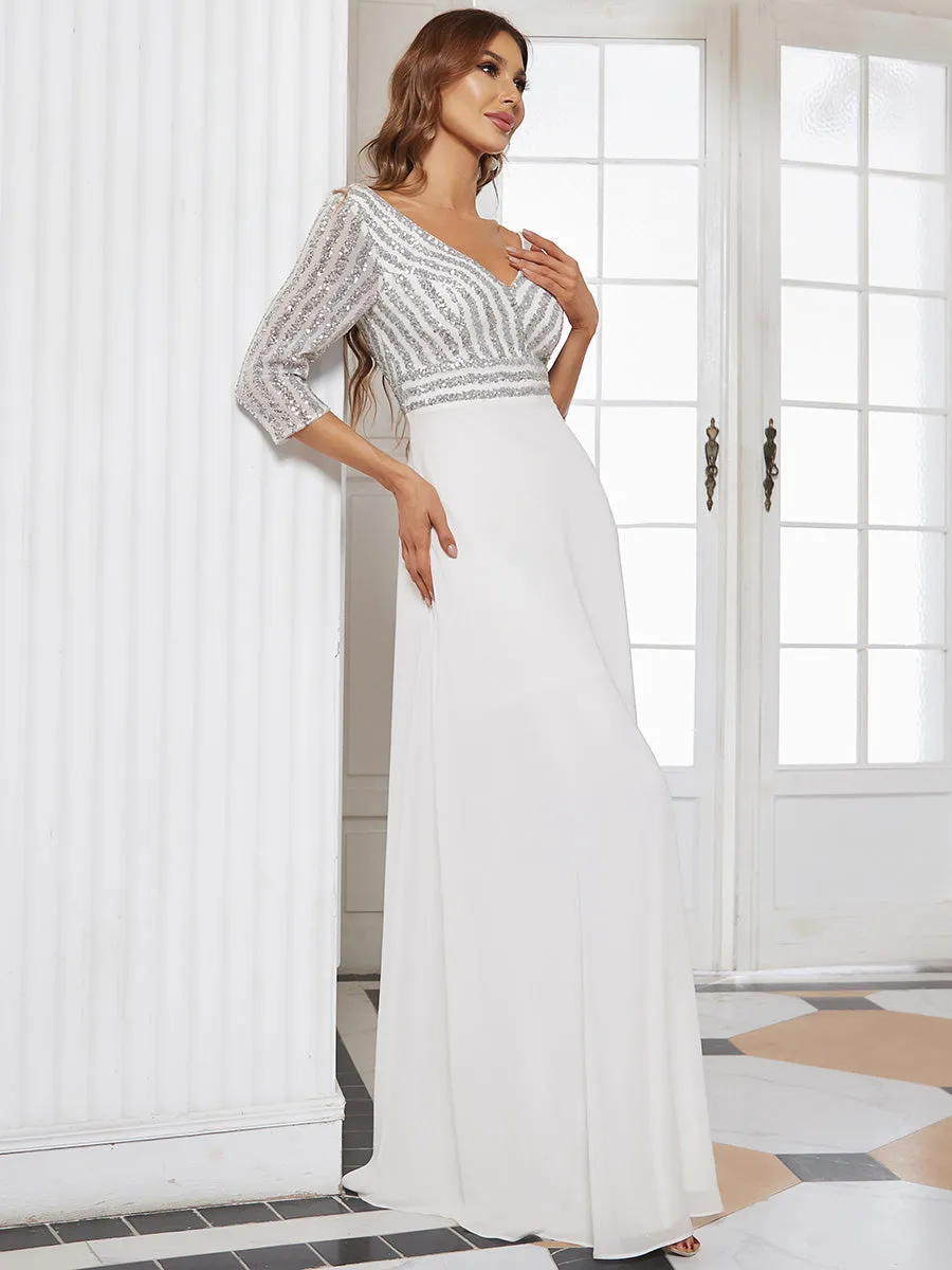 Sexy V Neck A-Line Sequin Wholesale Evening Dresses With 3/4 Sleeve